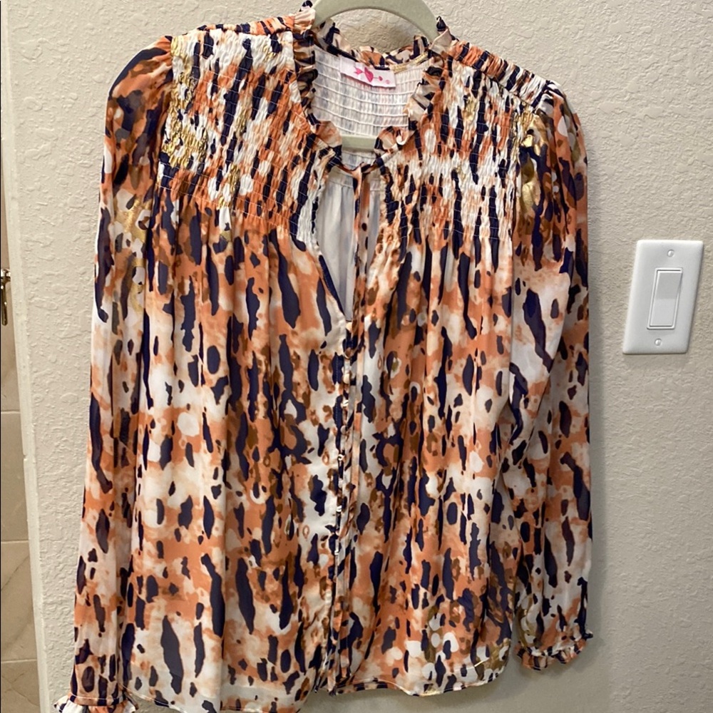 Buddy Love Orange Black Smocked Long Sleeve Blouse